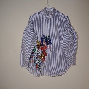 Zara Denim 3/4 Balloon Sleeves Blue White Stripes Embroidered Blouse Size XS